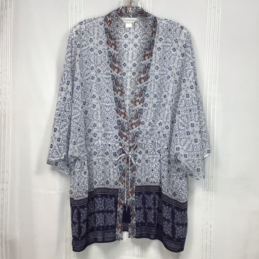 Christopher & Banks Semi Sheer Blue White Patterned Kimono Top Sz.S/M - Picture 2 of 10